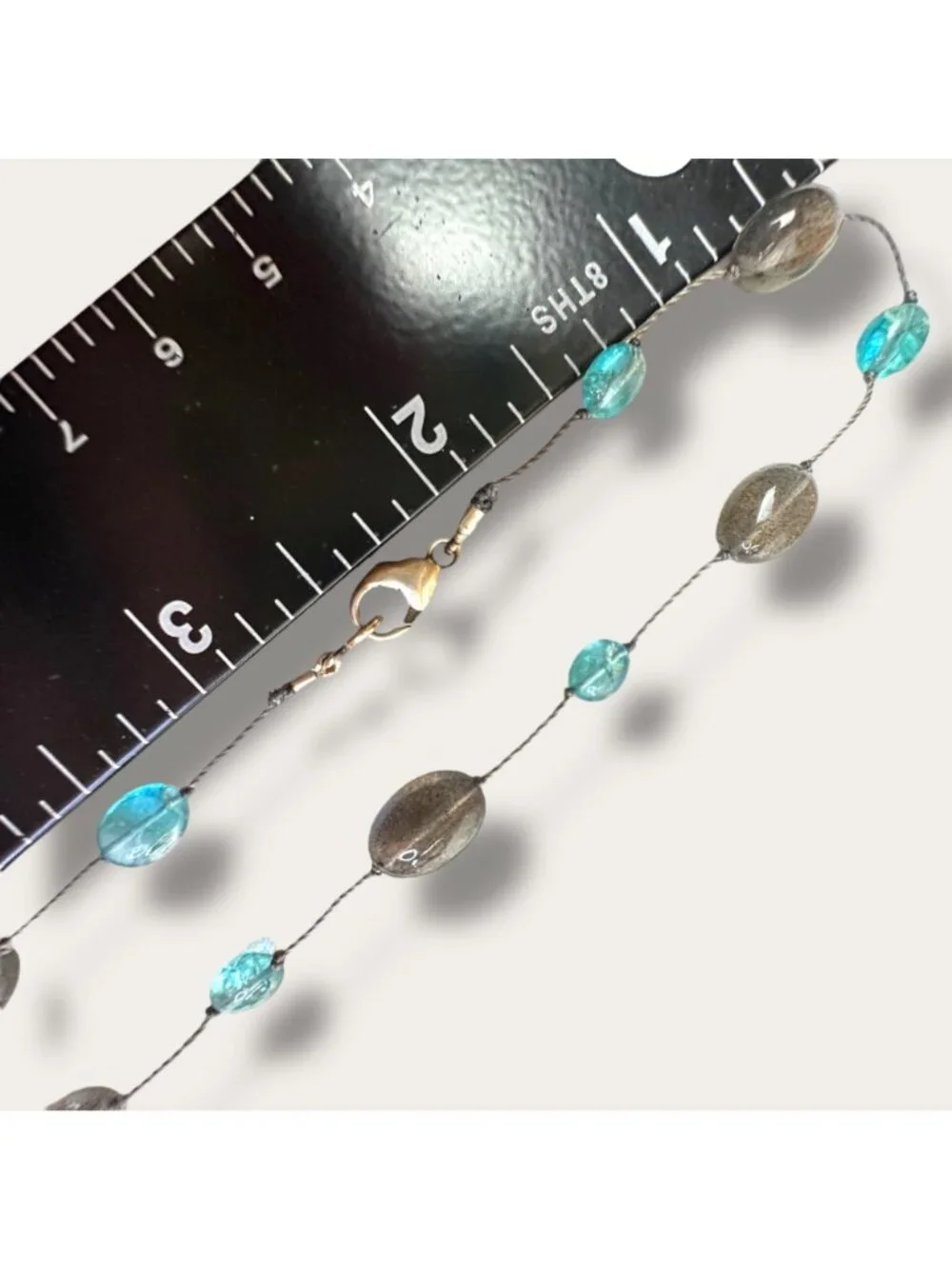 Handcrafted Sea Glass Bead Necklace Hand Knotted Aqua & Smoky Bead 36 inch EVC